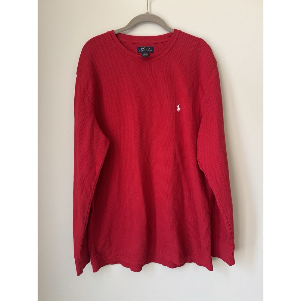 Polo Ralph Lauren Red Waffle Knit Long Sleeve Shirt XL Sleepwear White Pony